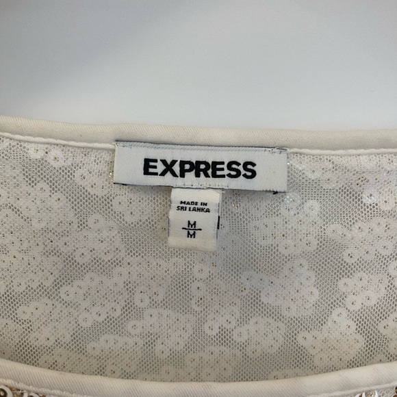 Express Top Women’s M Ivory Sequin Blouse Puff Sleeve Sheer Gold Square Neck - Picture 9 of 11